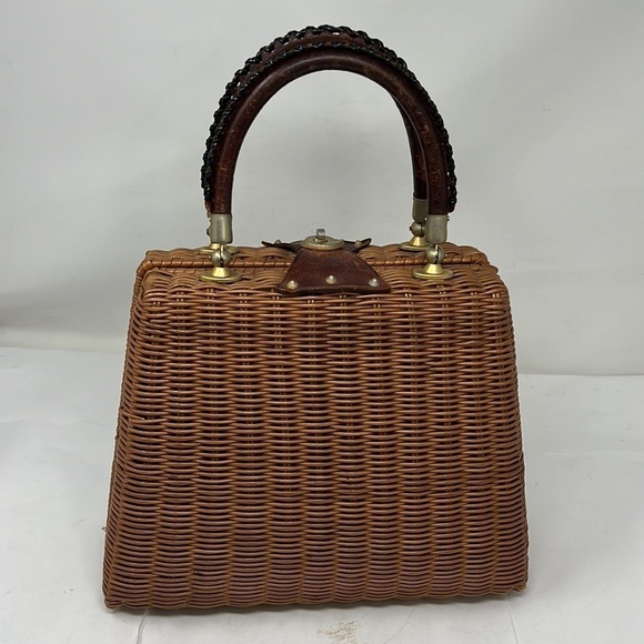 Vintage 1960s Equestrian Novelty Wicker and Leather Structured Handbag - Picture 5 of 16